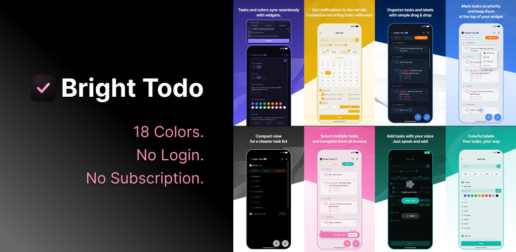 Bright Todo の機能紹介：ウィジェット連携、通知設定、ドラッグ&ドロップ、音声入力、カラーラベルなど